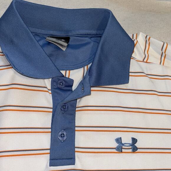 Under Armour Athletic Polo Shirt Mens Med White Blue Orange Stripes 1/4 Button - Picture 7 of 8